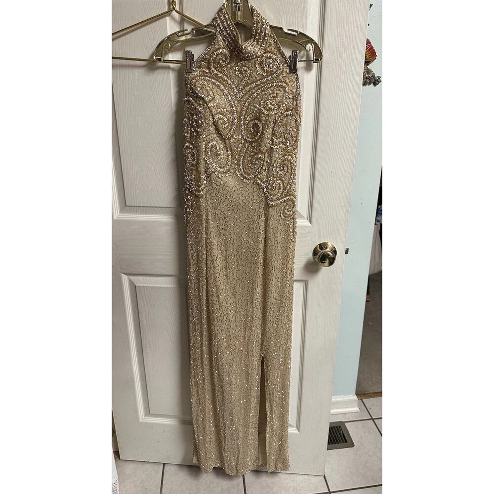90s Gold Beaded Evening Maxi Halter Dress Gown Open Back Sequin Med 12 Slit VNT